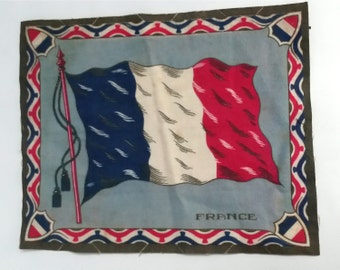 FRENCH FELT FLAG tobacciana, Cigar box felt flag, cigar felt flag, French flag, blue background, billowing flag, cigar box collections, felt