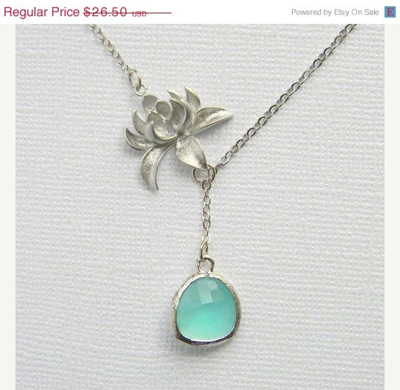 4th of July Sale Silver Lotus Flower and Aqua by DanaCastle