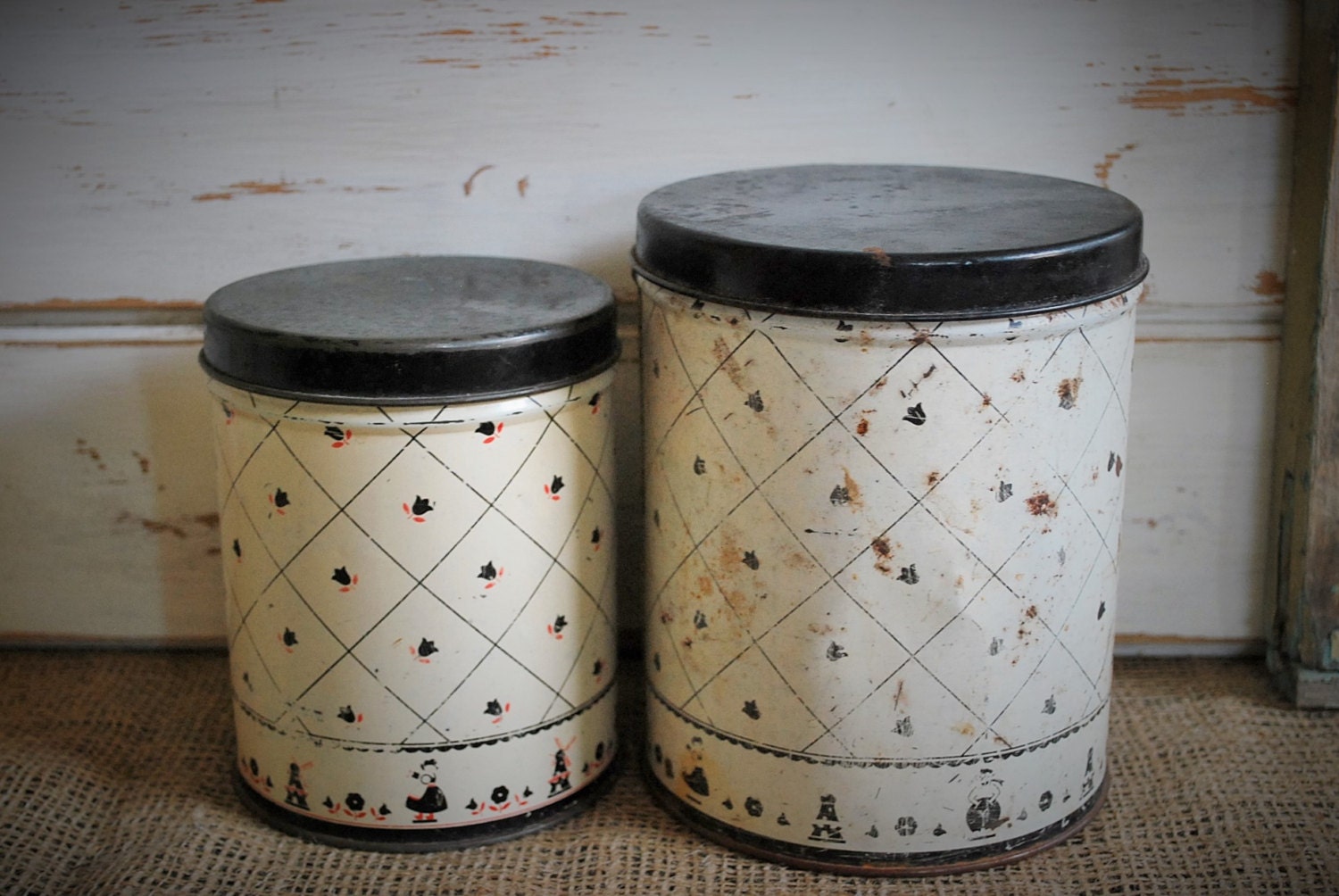 Set of Two Vintage Cottage Farmhouse Primitive Folk Art Tins Haute Juice