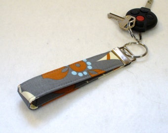 Wristlet Key Fob Amy Butler Fabric Morning Glory Slate Gray Blue Rust Key Chain Key Ring Fabric Keyring
