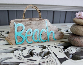 Handmade Driftwood Beach Sign , Hand Painted Aqua Ombre Coastal Decoration