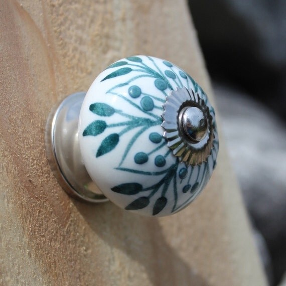 White Ceramic Drawer Knobs knobs with Teal Embossed