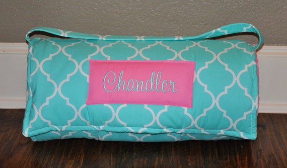 Nap Mat - Monogrammed Bermuda Aqua Quatrefoil Nap Mat with a Minky Dot Blanket - You Choose the Blanket Color