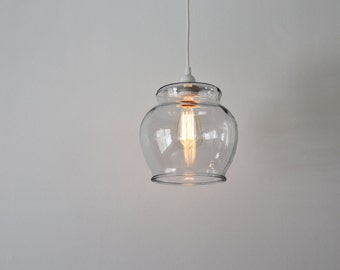 Fish Bowl Pendant Lamp - Hanging Pendant Lamp Made From A Vintage Glass Fish Bowl Terrarium - BootsNGus Upcycled Lighting Fixture