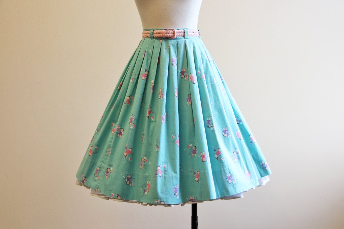 50s Novelty Print Skirt Vintage 1950s Skirt Aqua Pink