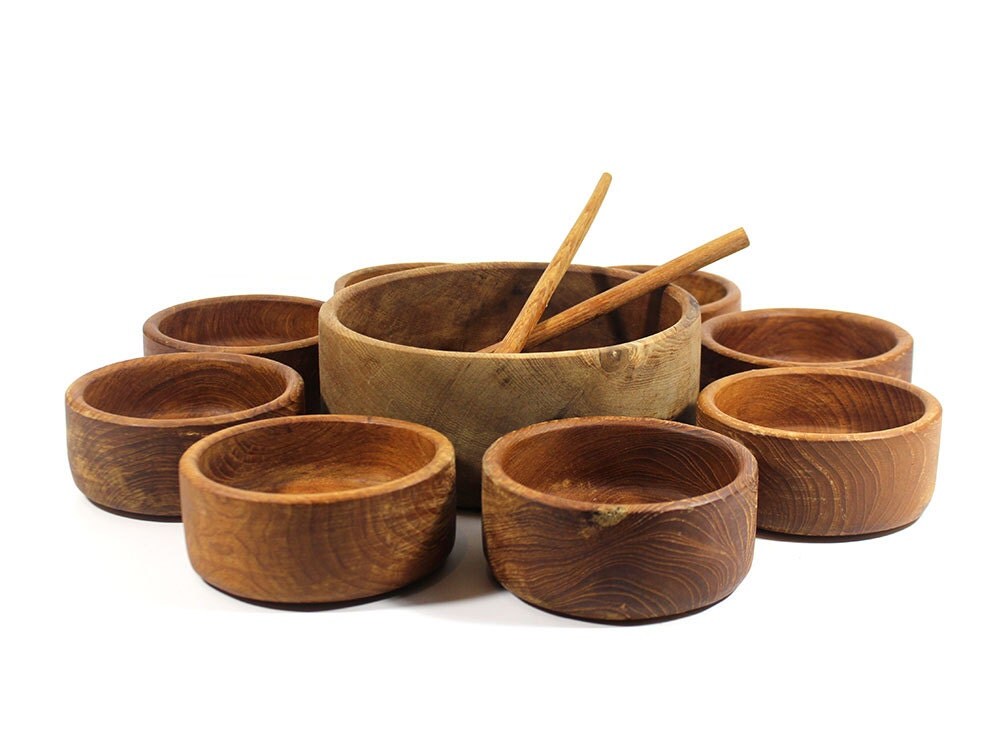11 Piece Vintage Wooden Salad Bowl Serving Set Haute Juice