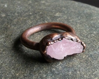Rose Quartz Ring Copper Ring Size 5 Crystal Ring Gemstone Ring Rough Stone Ring Pink Rose Artisan Handmade Copper Gemstone Jewelry for Her