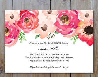 Printable Bridal Shower Invitation / Watercolor Pink Flowers / Wedding Shower / PRINTABLE INVITATION / #1222