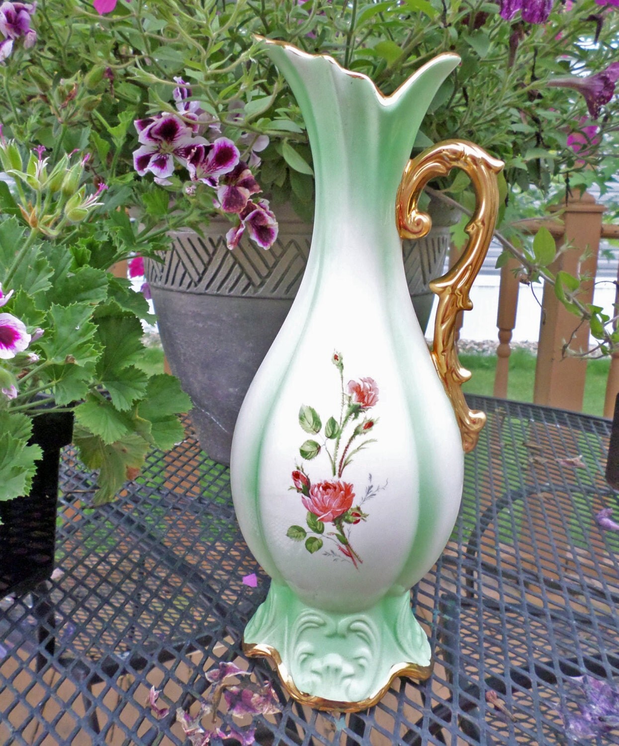 Tall Elegant Fancy Pitcher Green Floral Vase Vintage Pitcher