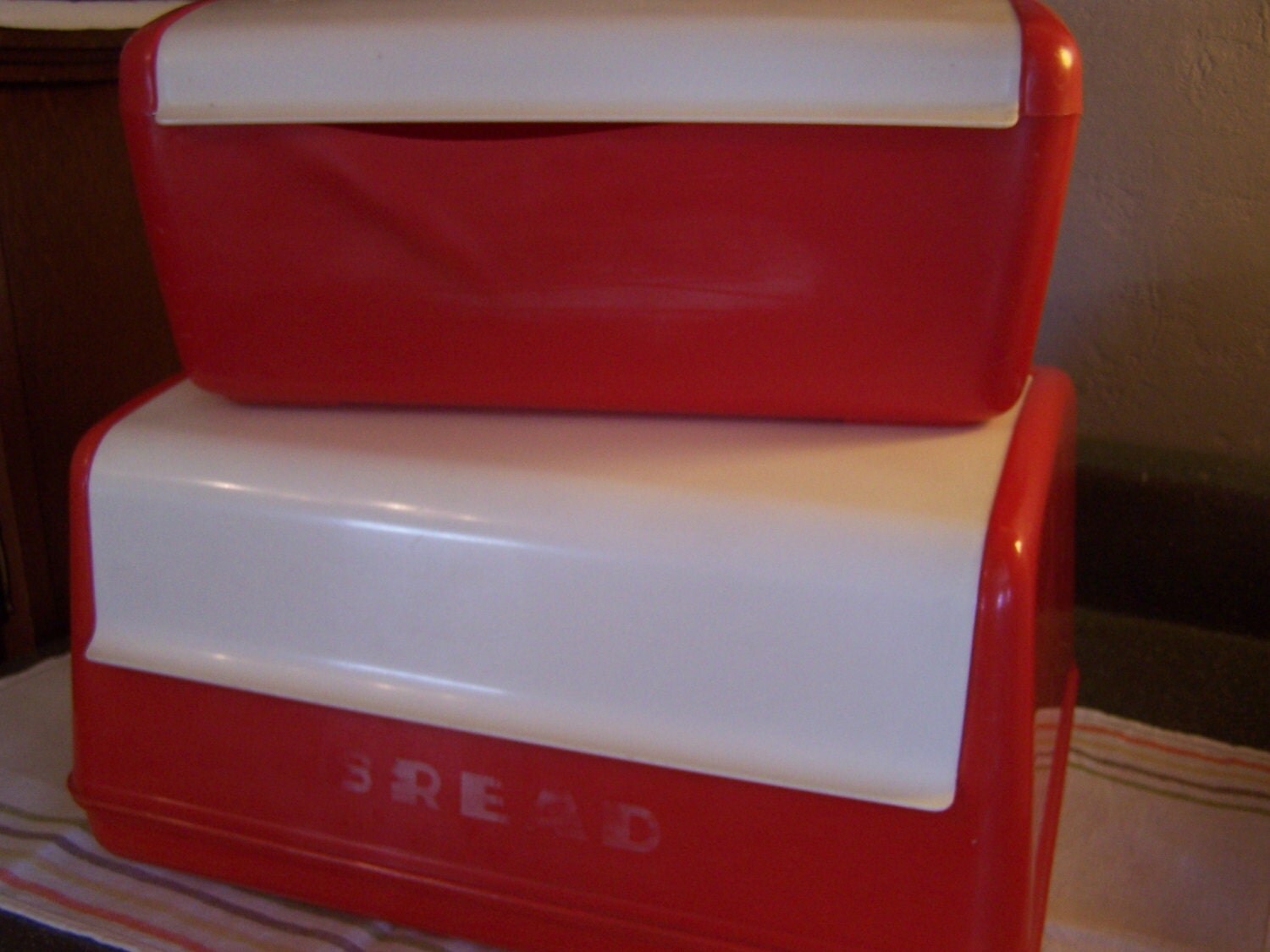 Mid Century Red & White Bread Box, Cookie/Cracker Box, Lustro Ware, 2