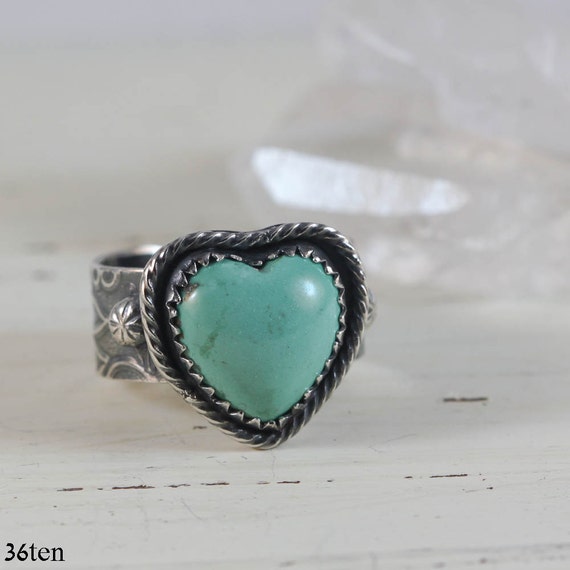 Adjustable Turquoise Heart Ring in Sterling Silver Boho Ring