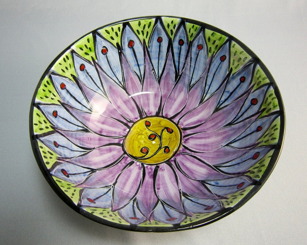 Large Ceramic Serving Bowl Blue Purple Lotus Flower Clay