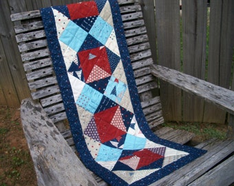 Patriotic Table Runner Red White Blue Stars Freedom Land of the Free Quilted Quiltsy Handmade Fireworks FREE U.S. Shipping