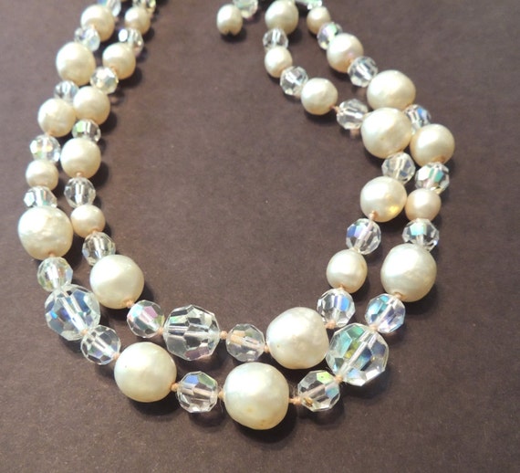 Vintage Crystal Necklace Faux Pearl Beaded Wedding Jewelry
