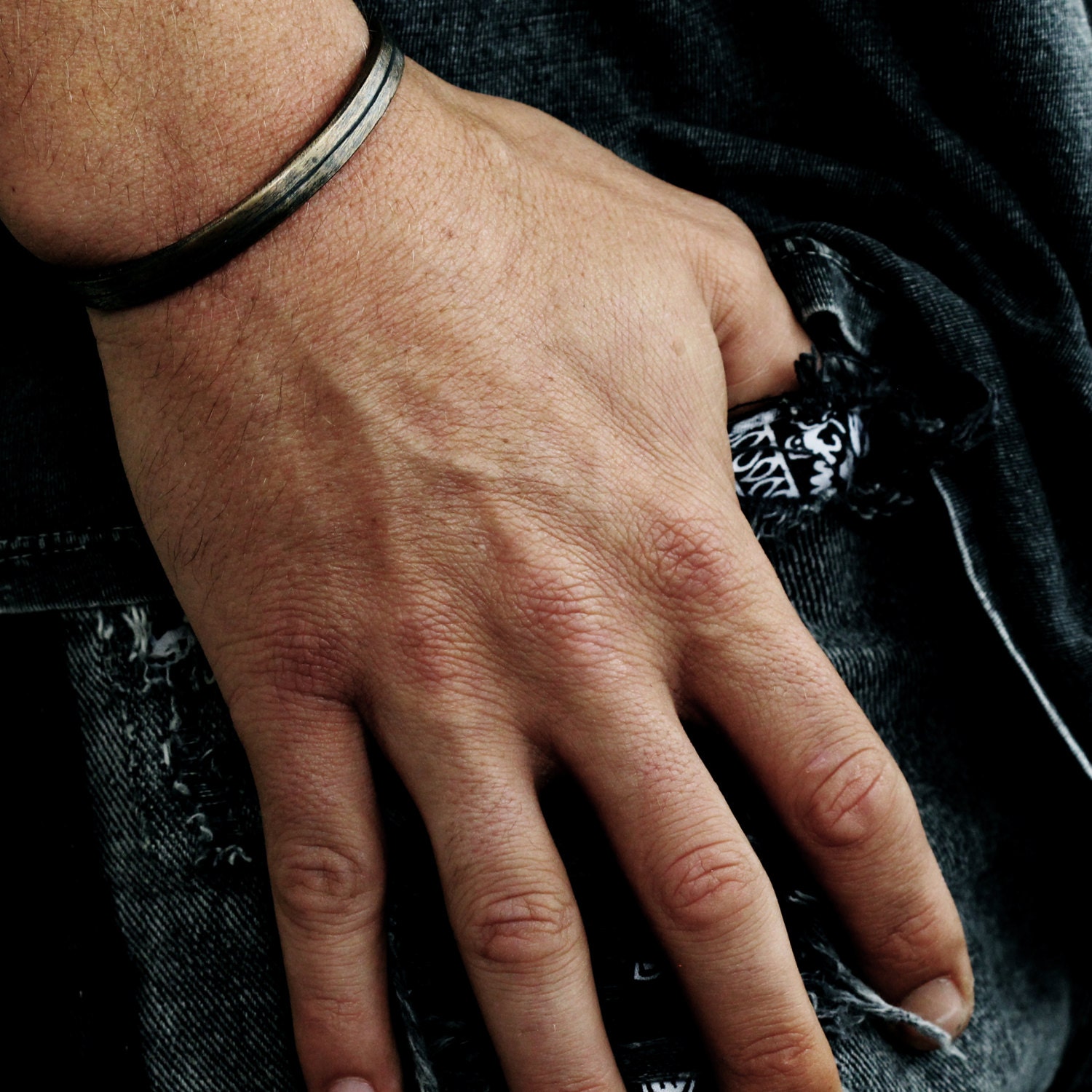 Cool Mens Bracelet Personalized Oxidized Bangle Line Cuff