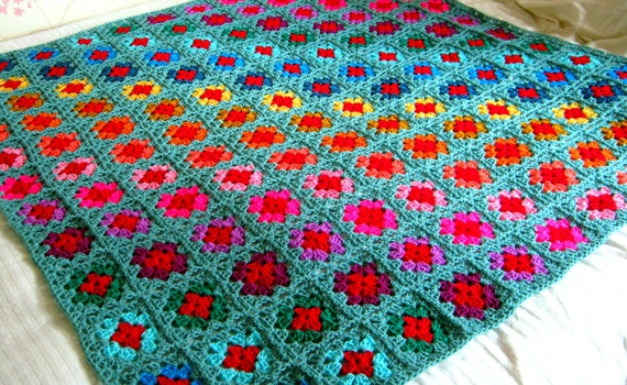 Spectrum Sage BLANKET Granny Squares Crochet Afghan Rainbow