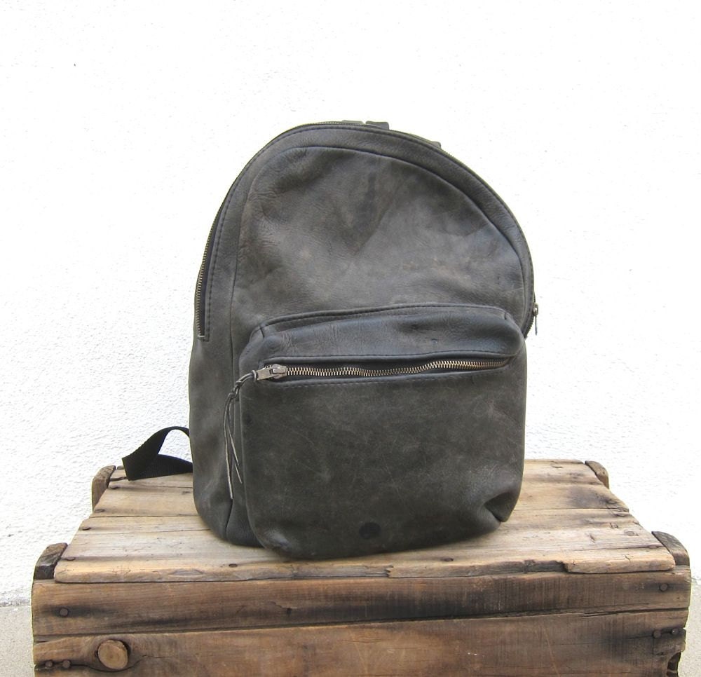 Vintage Distressed Worn In Black Leather Medium Backpack