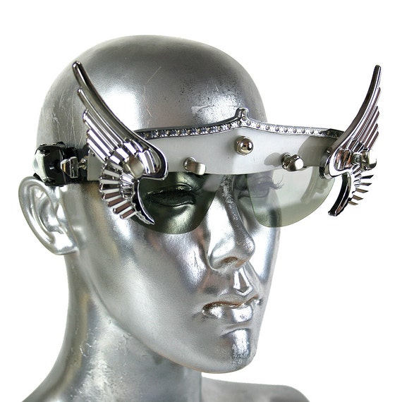 white mask with metal angel wings futuristic by hitekdesigns