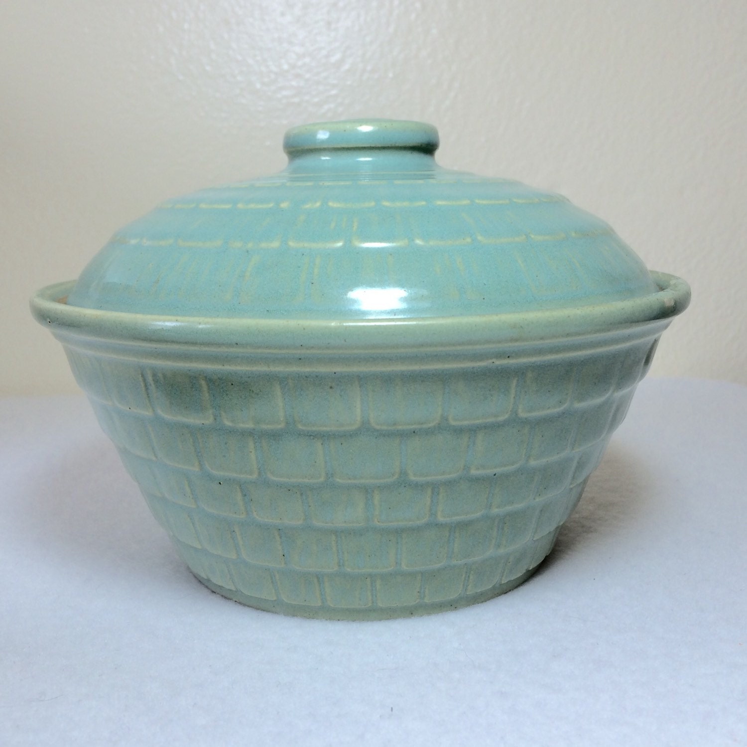 Vintage Pottery Bowl With Lid Blue Green Beehive Charming