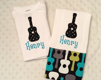 Baby Boy Personalized 2 Piece Gift Set - Bodysuit and Burp Cloth-Guitar Applique