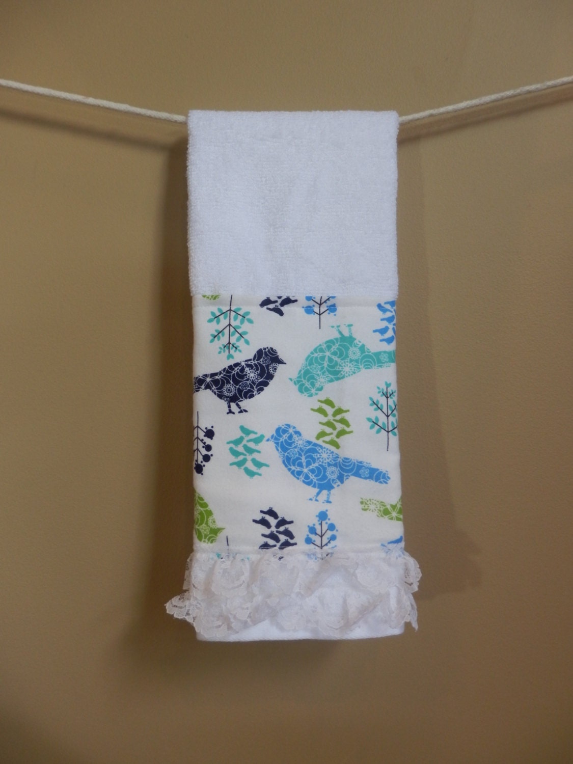 Decorative Blue Bird Hand Towel Terry Cloth White Guest Towel