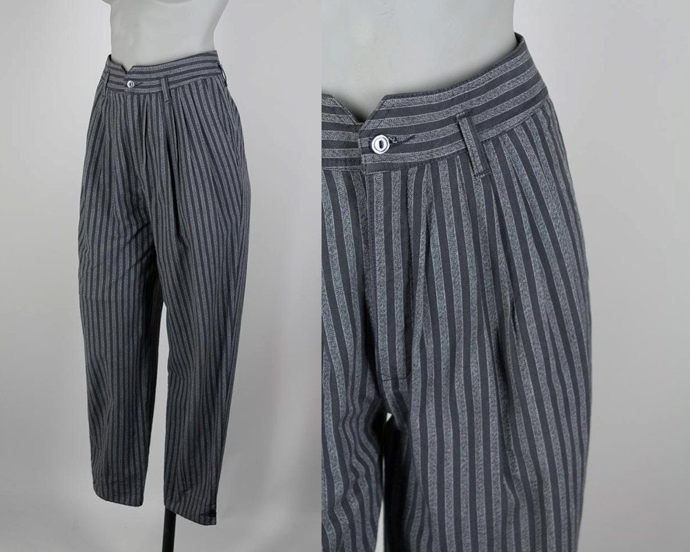 Vintage 80s Pants / 1980s Pleated Black and Gray Striped