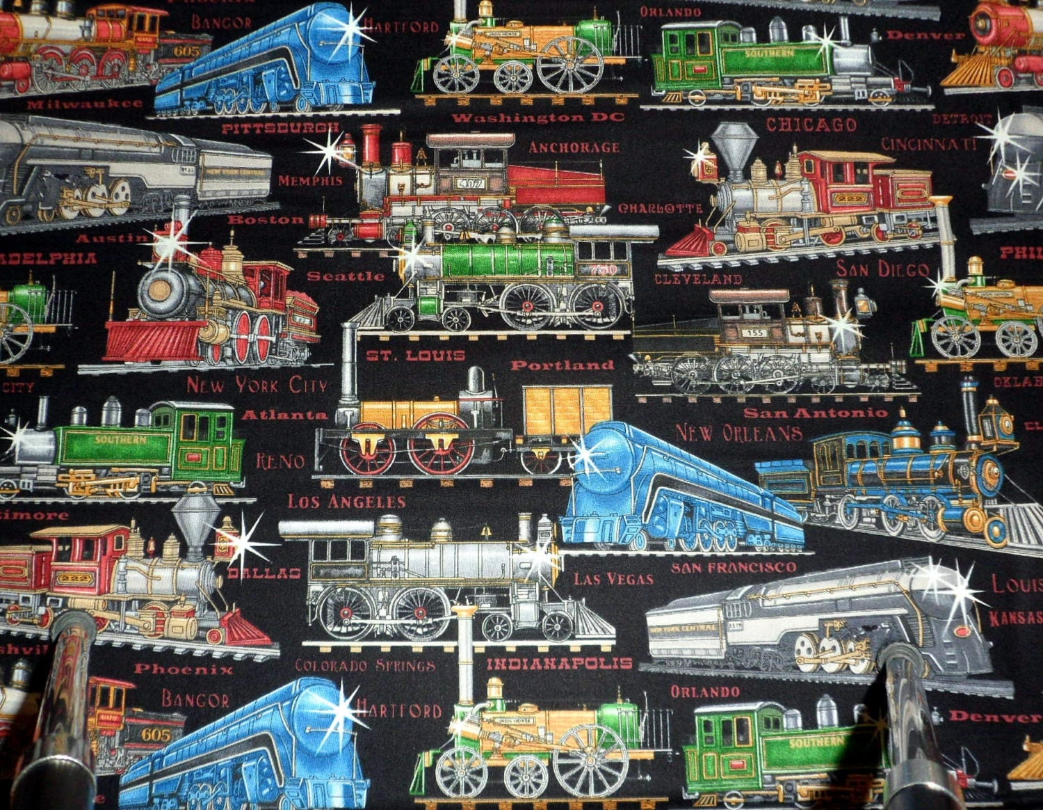 Train fabric Old Trains Cotton Fabric Right on Track Material