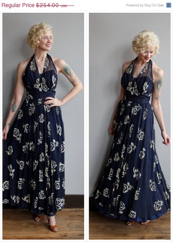SALE 1950s Dress // LAPIS LAZULI Gown // by dethrosevintage