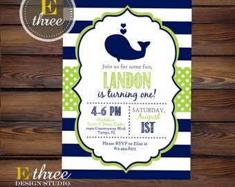 Whale Birthday Party Invitation - Boy's Whale 1st Birthday Invitations - Preppy Nautical - Navy Blue, Lime Green, Gray Invite