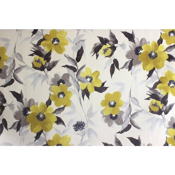 Yellow & Grey Flowers Poly Silk Printed Fabric By The Yard