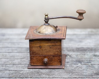 Antique Coffee Grinder Peugeot Wood French Cube Mill Rustic Kitchen French Home Decor Cottage Country Chic