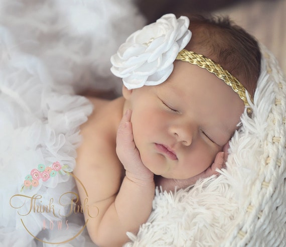 Baby headbands, Baby Headband, Newborn headband, Gold baby Headband, Pink Baby Headband, White baby headband, Baptism Christening Headband. by ThinkPinkBows