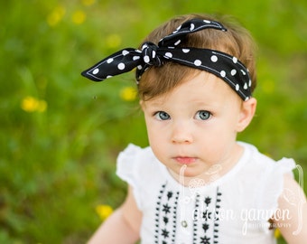 Headband Baby Toddler Pre-tied Headscarf Black with White Polka Dots Rosie the Riveter Baby Headband Photo Prop Infant Newborn #029