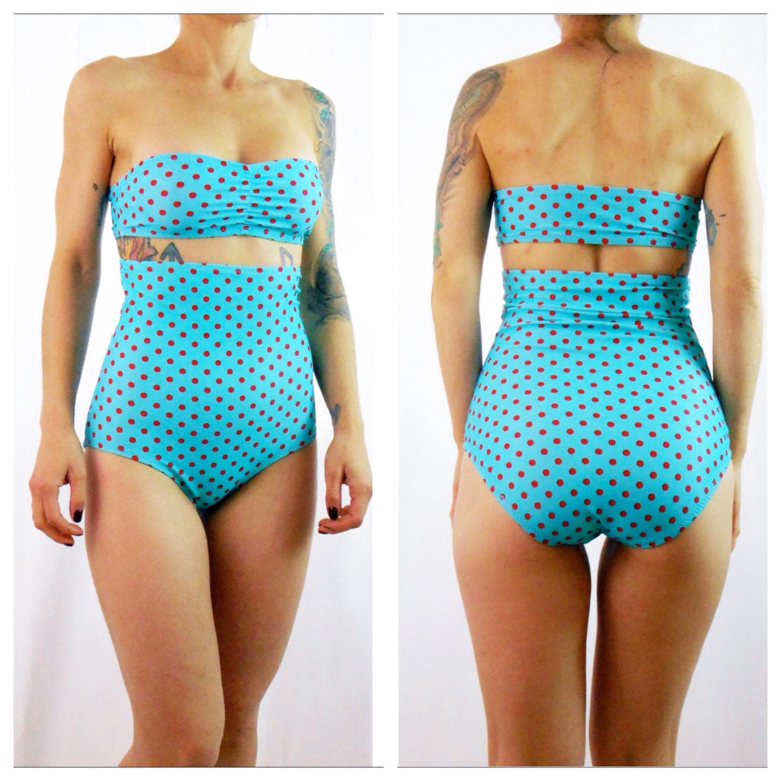 Extra High Waist Bikini Bottom Teal and Red Polka Dot by mclaineo