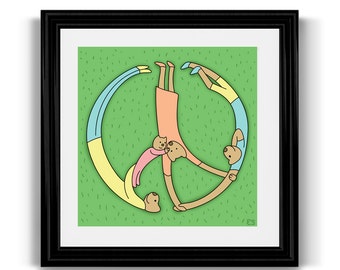 Family Peace Sign Art Print, Nursery Art, Kids Childrens Wall Art, 10x10 Square Art, Whimsical Animal Art