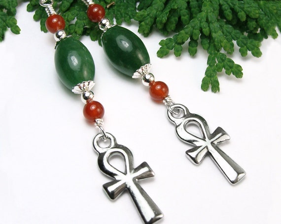 Ankh Cross Earrings, African Jade, Carnelian, Sterling Silver, OOAK Jewelry