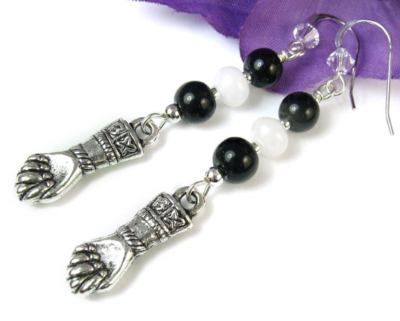 Good Luck Earrings, Figa Charm, Black Obsidian and White Quartz Beads, Crystals, Handmade Beaded Dangles