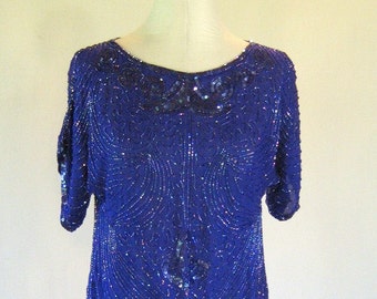 Blue Beaded Zimble Sequin Slouchy Shirt Top