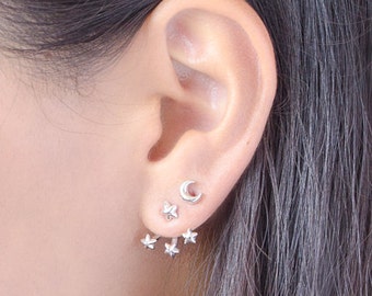 Tiny Stars Ear Jacket, Sterling Silver, Gold Plated, Dainty Earjackets, Jacket Earrings, Star Stud Earrings, Edgy Jewelry, Gift,LUNAI,EJK007