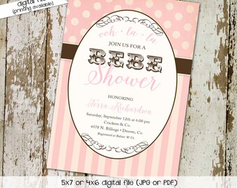 baby girl shower invitation BEBE paris pink polka dots stripe circus vintage carnival diaper couples (item 1377) shabby chic invitations