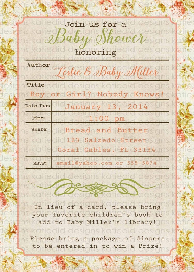 library card baby shower invitation gender by katiedidesigns