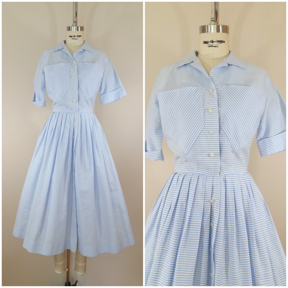 1950s Blue Striped Shirtwaist Dress Vintage 50s Cotton Dress