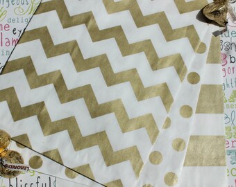 150 Gold Metallic Party Favor Bags in Chevron, Polka Dot and Rugby, Gold Wedding Candy Bags, Popcorn Bags, Gift Bags - 50 each design
