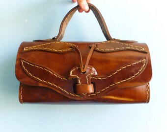 Vintage Leather Handbag Purse Box Bag / Hand Tooled / Caramel Brown / Folk Hippie Boho