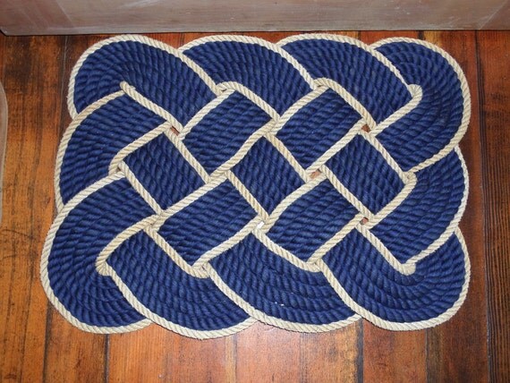 Navy & Gold Soft Cotton Rope Bathmat 23 x 16" Knotted Hand Woven Nautical Coastal Beach Rope Rug