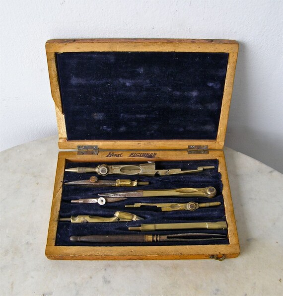 VINTAGE DRAFTING SET Brass & Wood Tools Brass Protractor