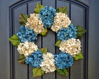 Hydrangea Wreath Spring Wreath Summer Wreath Grapevine Door Wreath Turquoise Cream Hydrangea Floral Door Decoration Indoor Outdoor