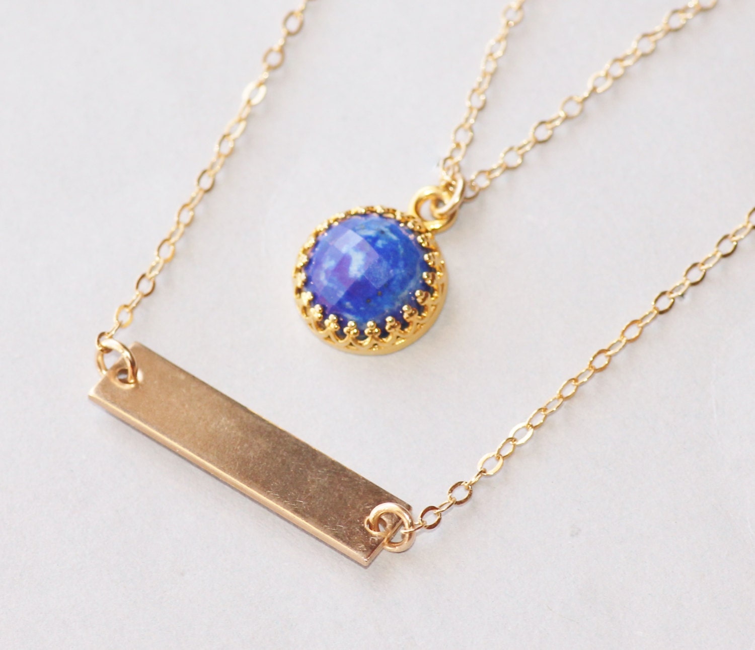 14K Gold Filled Bar NecklaceLapis Lazuli by hangingbyathread1