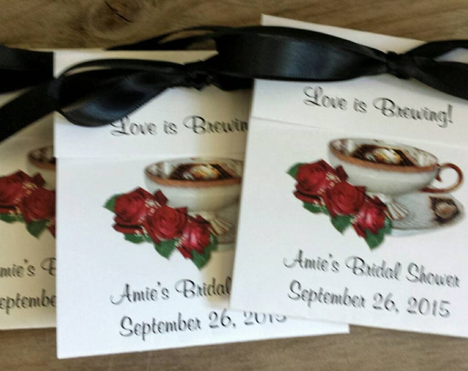 Red Roses Anniversary Personalized Teacup Tea Bag Party Favors for Bridal Shower or Wedding Birthday Celebration