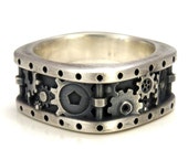 Steampunk Gear Ring Square Gear and Rivets Ring - Distressed Silver Industrial Gear Ring